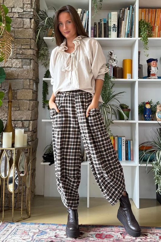 Jasper Plaid Brushed Cotton Shelby Barrel Pant Black
